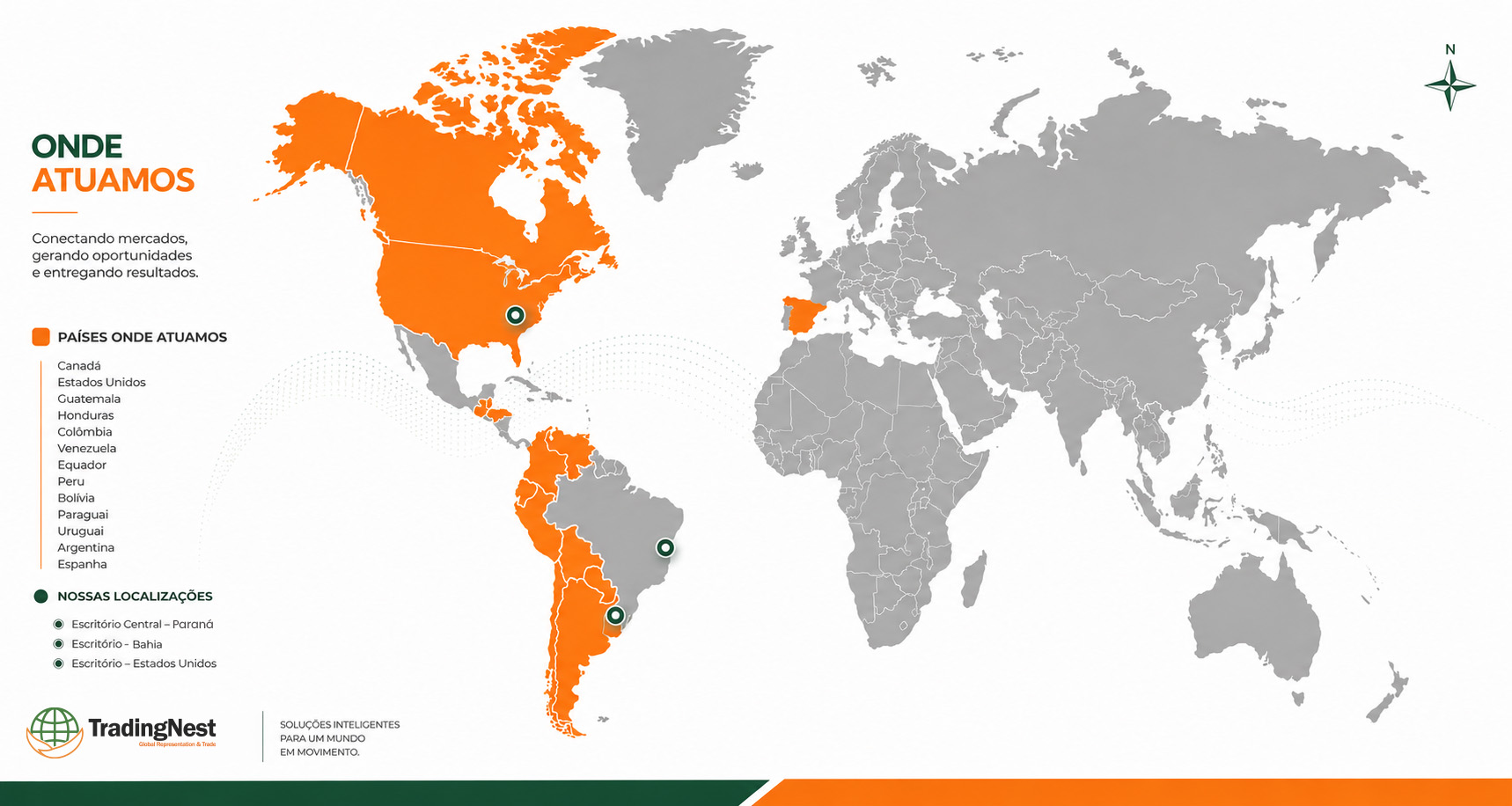 Mapa estilizado destacando as Américas e conexões da Trading Nest